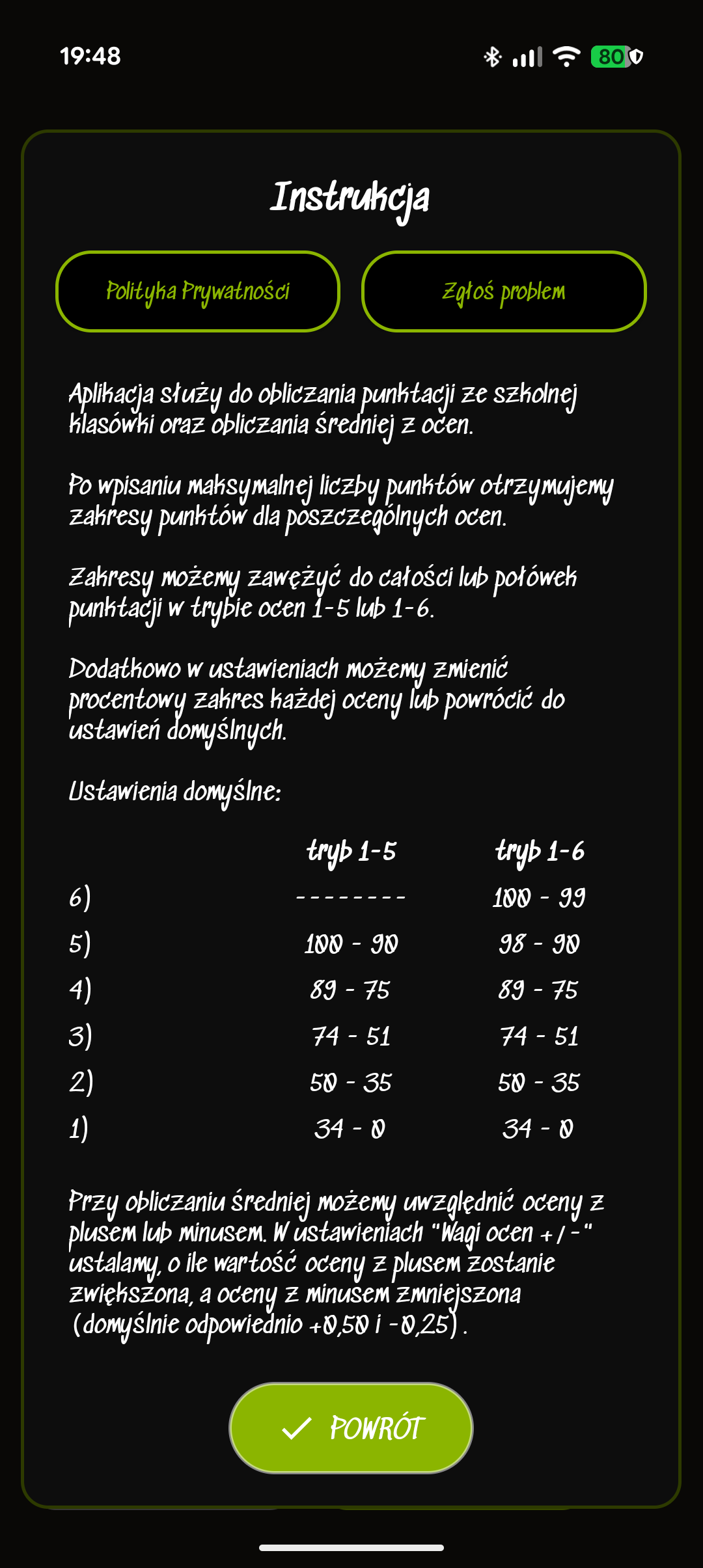 Zrzut ekranu aplikacji Oceny
